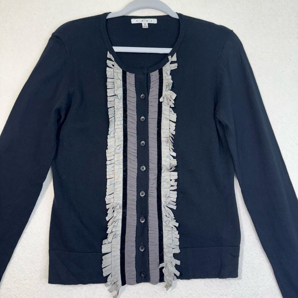 CAbi "Broadway" White Ruffle Fringe Tuxedo Black Cardigan Sweater Size Medium
